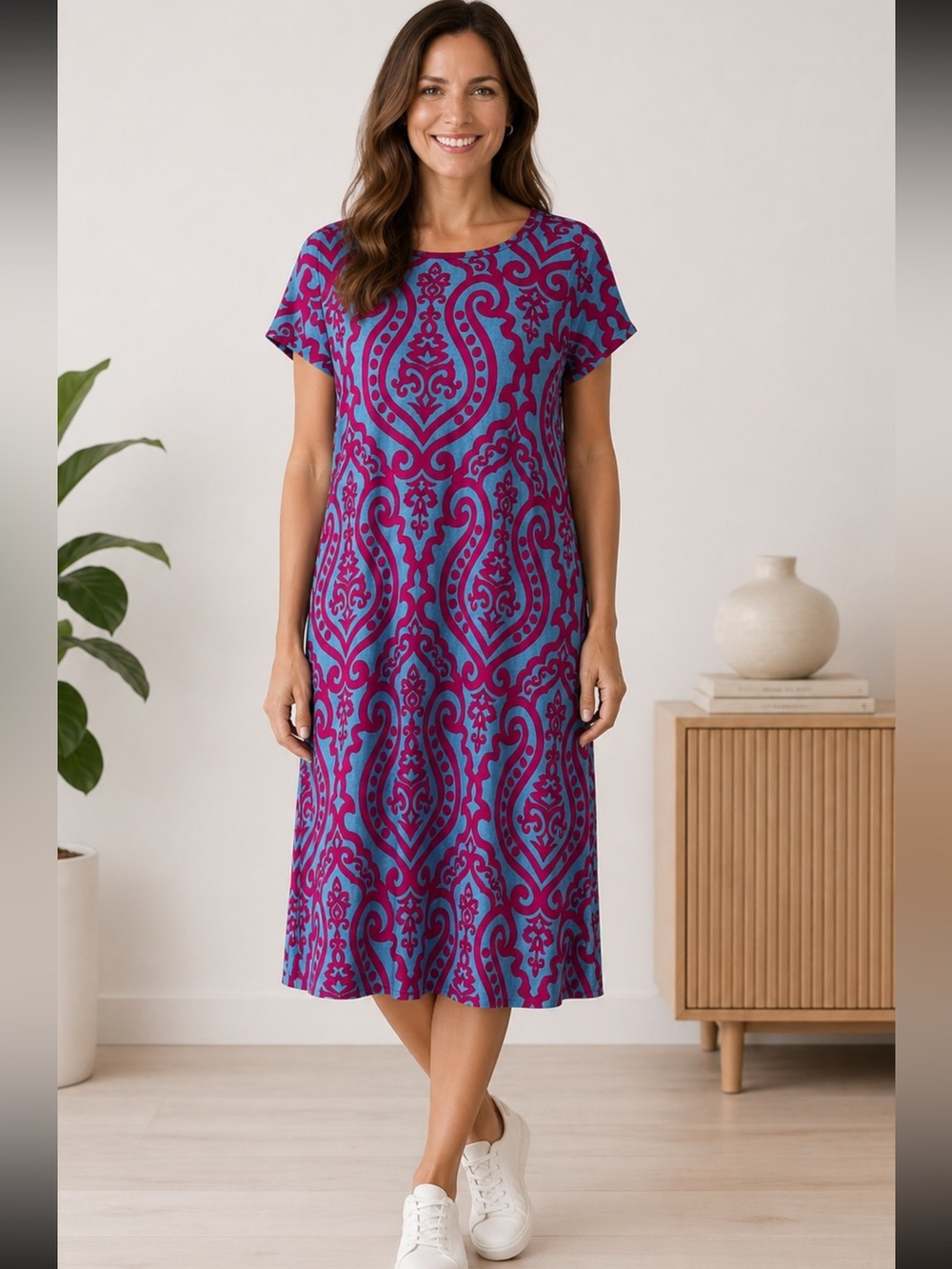 Bellamie Elegant Blue and Pink Patterned Dress